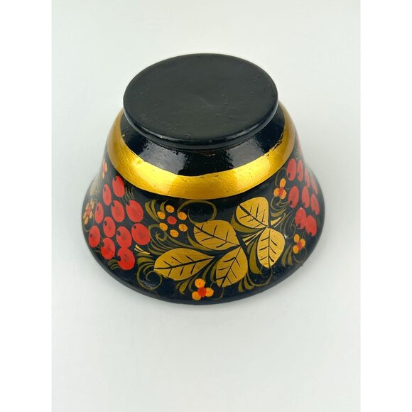 Vintage USSR Russian Wooden Lacquered Small Bowls Set of 2 Red Berries Gold Blck - Picture 11 of 16